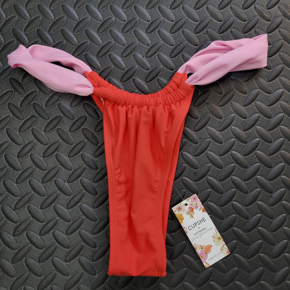 Cupshe x Kittenish Bikini Bottom Medium NWT Red Pink Tie Side Ruched Swimwear